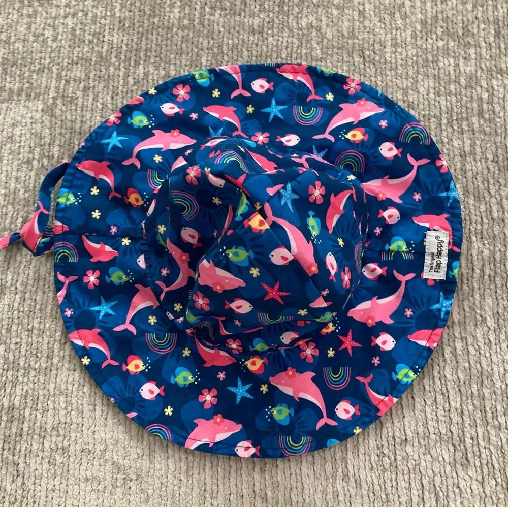 Flap Happy Kids L Sun Hat Dolphins Rainbows‎ Sea Life Print UPF Beach Cap